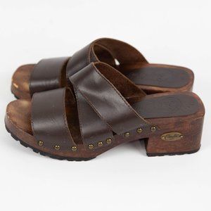 Vintage Candies 90s Y2K Chunky Heel Wood Slide On Leather Shoes Sandals Size 7